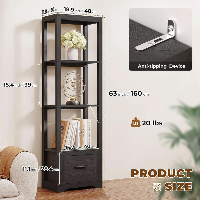 Display Shelf with 3 Color Light, Bookshelf with Drawer, Dimmable Display Cabinet for Collectibles, Bookcase, Display Case for Books, Trophies, Toys, Black