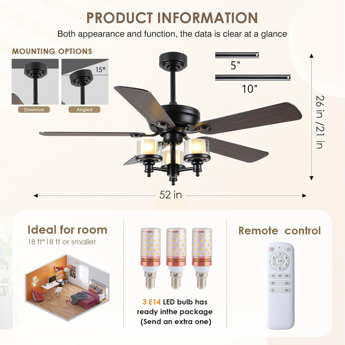 Ceiling Fans with Lights and Remote-Indoor/Outdoor Ceiling Fans,52'' Low Profile Flush Mount Ceiling Fan with Clear Seeded Glass Light Kit, 52" Farmhouse Ceiling Fan Quiet Reversible Motor