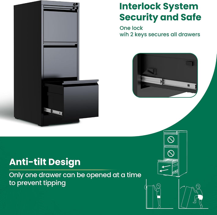 3 Drawer File Cabinet with Lock, Vertical Filing Cabinets for Home Office, Metal Storage Cabinets, Heavy Duty File Cabinet for Letter/Legal/A4/F4 Size Amsseble Required, Black