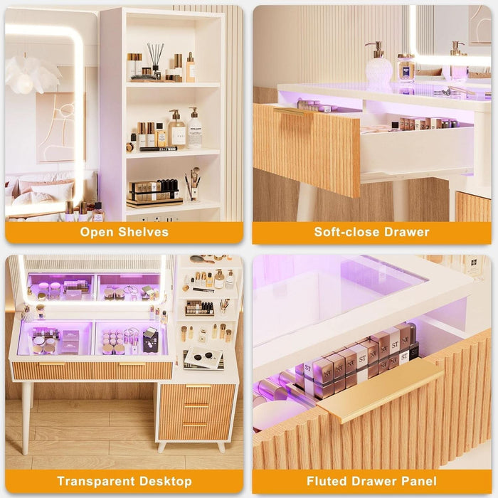 44" Vanity Desk with Mirror and Lights, Makeup Vanity Desk with Power Outlet, Makeup Desk with 5 Drawers&Storage Shelves, Vanity Table 3 Color Adjustable Brightness Dressing Table Set for Bedroom