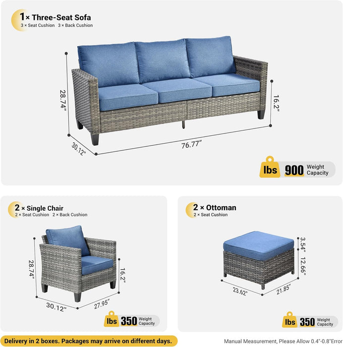 Patio Furniture Set, 5 Pieces Outdoor Wicker Rattan Sofa Couch with Chairs, Ottomans and Comfy Cushions, All Weather High Back Conversation Set Garden Backyard, Denim Blue