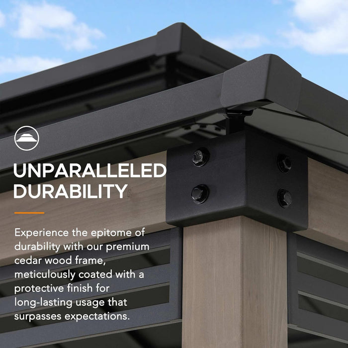 Wooden Grill Gazebo with AC Power Port, 8 X 12 Ft. Steel Hardtop Outdoor Gazebo for Year-Round Grilling, Cedar Framed Gazebo with Built-In Electrical Outlets and Decorative Fence, Black