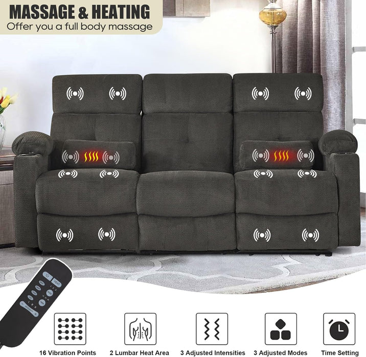 80'' Power Reclining Sofa with Heat and Massage, Electric Reclining Couch with Extended Footrest, Wall Hugger Recliner Sofa 3 Seater with USB Ports, Cup Holders for Living Room