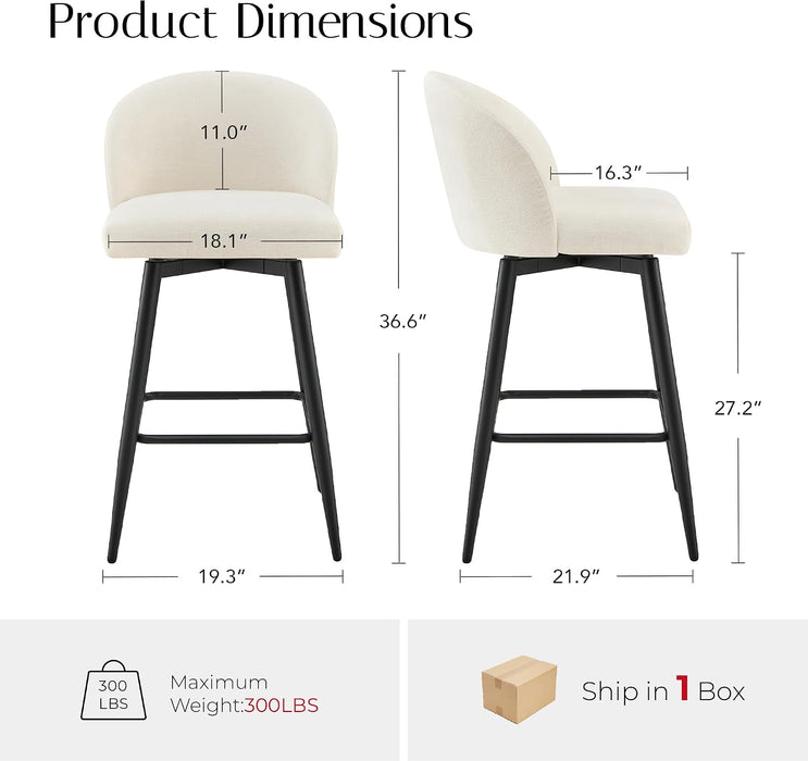 26" Counter Height Bar Stool Set of 2,Linen Fabric Upholstered Barstools with Footrest,Metal Frame,360° Swivel Barstools for Kitchen Island, Home Bar & Breakfast Nook,Beige