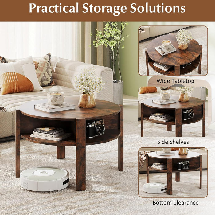 round Coffee Table, 29.5” 2-Tier Circle Cocktail Center Table with Storage Shelves, for Small Spaces, Living Room (Rustic Brown)