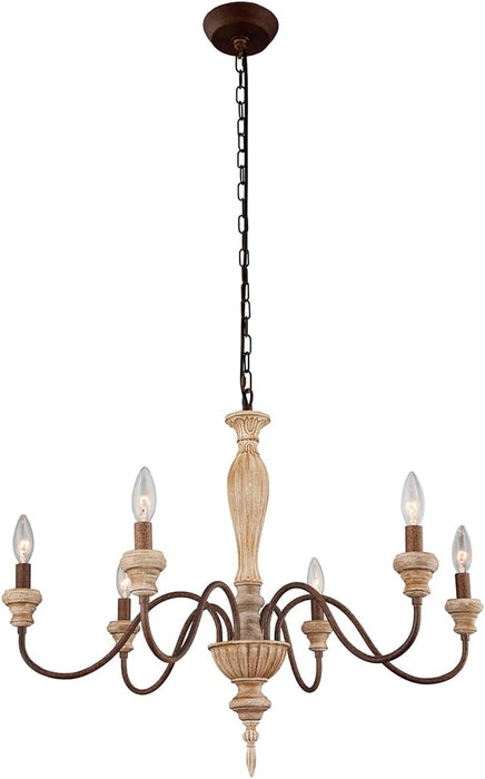 French Country Six Light Distressed Wood Chandelier