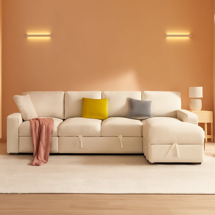 130Inch Beige Upholstered Sleeper Sofa With Storage