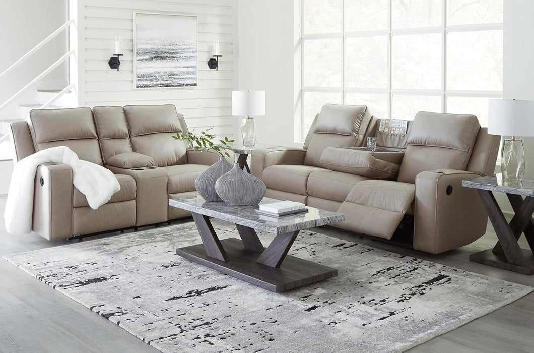 Signature Design by Ashley Lavenhorne Contemporary Faux Leather Manual Reclining Loveseat with Console and Cup Holders, Beige
