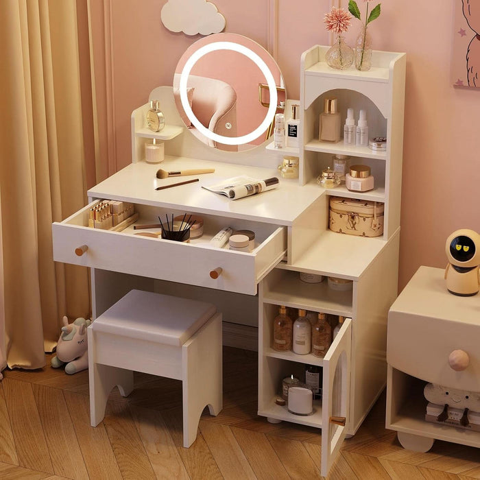 Kids Vanity Table and Chair Set, Toddler Dressing Table for 5-12 Year Old Little Girls, 2 in 1 Princess Makeup Vanity with Mirror & Lights, Wooden Pretend Play Vanity Desk, White