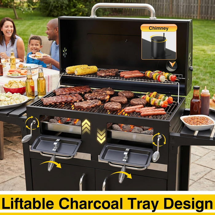 63" Oversized Charcoal BBQ Grill & Smoker, Large Outdoor Grill with 2 Individual Lifting Charcoal Trays, Cabinet-Style Charcoal Grills with Foldable Side Tables, 4 Wheels, Asadores De Carbon