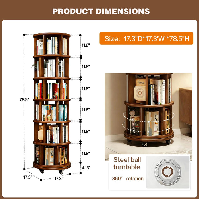 6‑Tier Rotating Bookshelf, Solid Rubber Wood 360° Revolving Bookcase with Lockable Casters, Space‑Saving Tall Storage Shelf for Living Room Bedroom Home Office, Walnut, 17.3"D×17.3"W×78.5"H