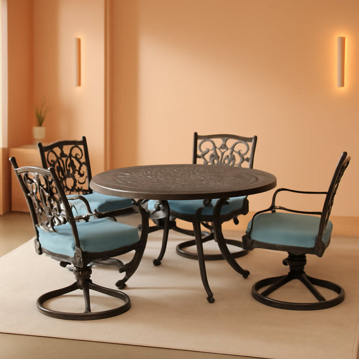 Traditions 5-Piece Rust Resistant Aluminum Patio Dining Set with Blue Cushions, Swivel Rockers and Aluminum round Dining Table, Outdoor Dining Set for 4