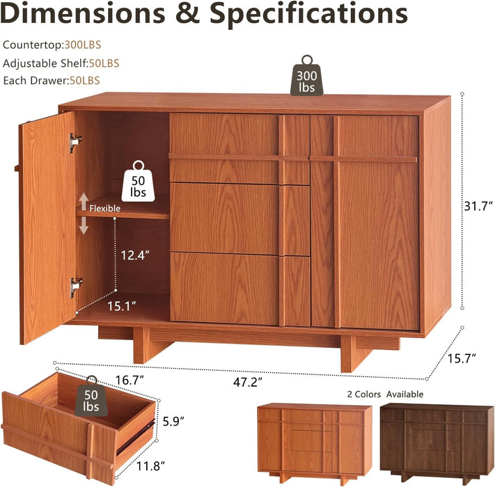 47.2" Buffet Cabinet with Storage, Skeleton Line Design, Cherry | Sideboard with Drawers, Mid Century Modern Accent Cabinet with Wood Gain, Console Cabinets for Living Dining Room Entryway