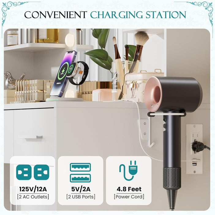 3 Lighting Modes Adjustable Brightness, with LED Lights and Mirror, with Power Outlets and 2 Drawers, 4 Storage Shelves Cabinet, White Makeup Table, Vanity Desk, Dressing Table for Bedroom