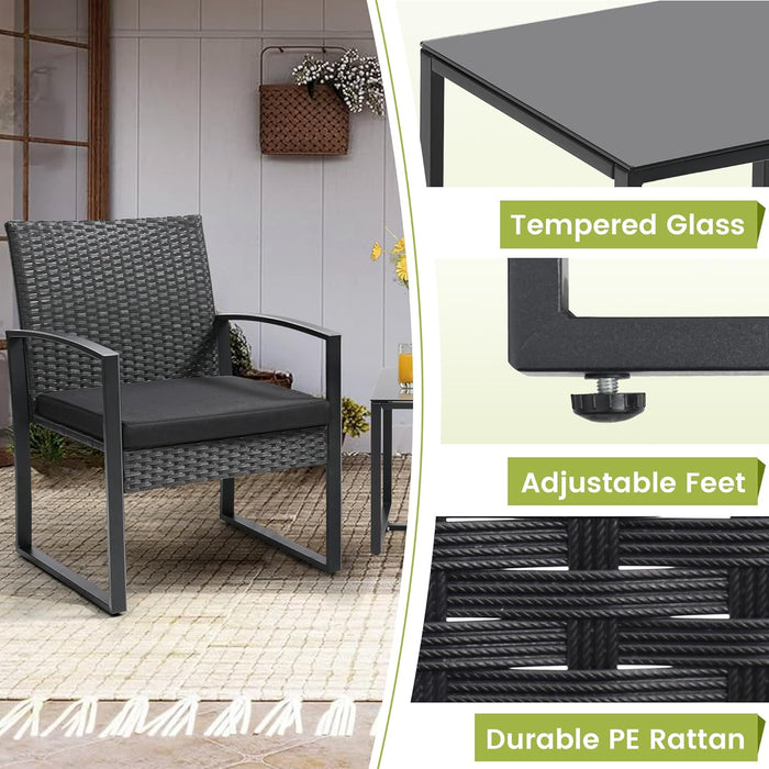 3 Piece Wicker Patio Bistro Set, Rattan Conversation Set with Coffee Table, for Balcony, Porch, Garden, Yard, Poolside, Black Frame with Black Cushion