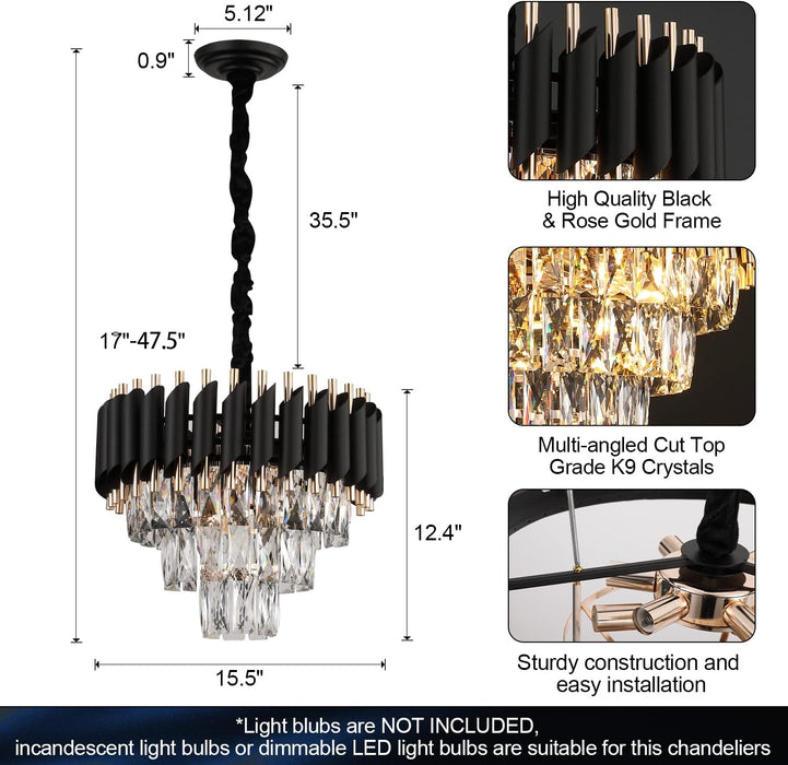 Dimmable ThreeTier Crystal Chandelier Black Gold SixteenInch