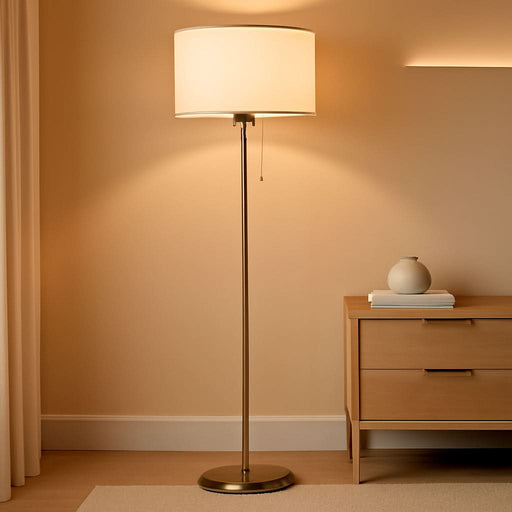 O’Bright Ted - Drum Shade Standing Lamp, Pull Chain Switch, E26 Socket, Modern Minimalist Design, Simple Floor Lamp for Living Room, Bedroom, Office, Antique Brass
