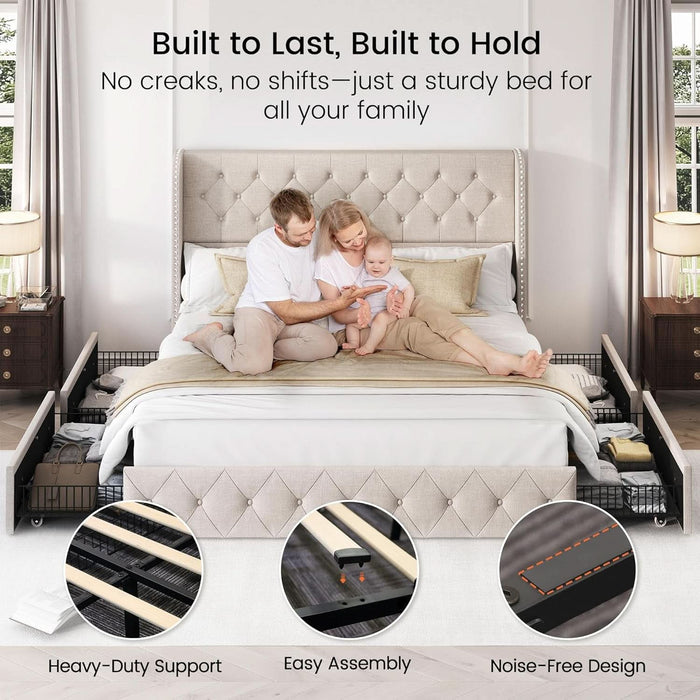 King Size Bed Frame with 4 Storage Drawers and Tufted Headboard Linen Upholstered Platform Bed Frame Wingback Beds with Wooden Slats Support, Easy Assembly, Beige