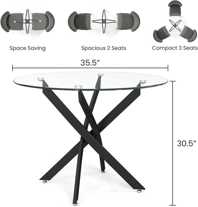35.5" Glass Dining Table for 4, round Tempered Glass Kitchen Table | Modern Circle Glass Dinner Table with Black Metal Legs for Space Saving Dining Room Apartment Home Office