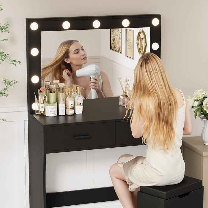Makeup Vanity Desk with Large Lighted Mirror，35.4 Inch Makeup Vanity Table with 2 Drawers，Soft-Padded Storage Stool，3 Lighting Modes Available, Suitable for Bedrooms（Black）