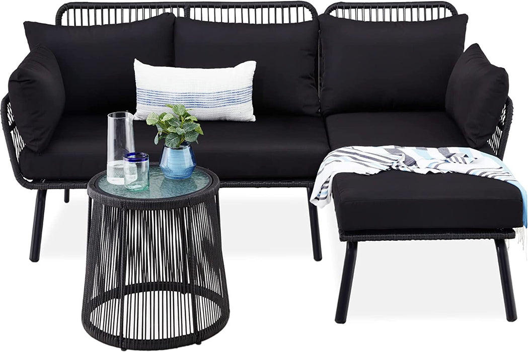 Outdoor Rope Woven Sectional Patio Furniture L-Shaped Conversation Sofa Set for Backyard, Porch W/Thick Cushions, Detachable Lounger, Side Table - Black