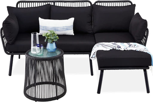 Outdoor Rope Woven Sectional Patio Furniture L-Shaped Conversation Sofa Set for Backyard, Porch W/Thick Cushions, Detachable Lounger, Side Table - Black