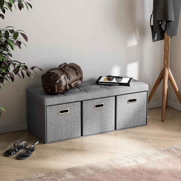 Storage Ottoman with 3 Drawers, 40 Inches Long Foldable Tufted Linen Large Bench Ottoman with Storage, Foot Rest Stool Seat, for Living Room, Bedroom, Entryway, Gray