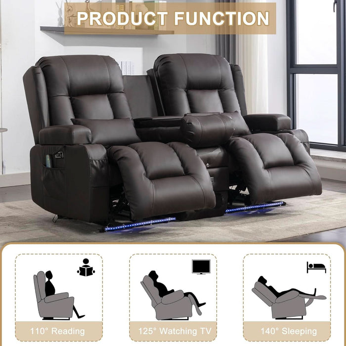 Loveseat Recliner Sofa with Massage and Heat, Power Reclining Loveseat Sofa RV Couch with Console, Home Theater Seating with LED Lights, Bluetooth Speaker, USB, Outlets, Faux Leather, Dark Brown