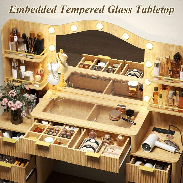 55" Big Fluted Vanity Desk with Mirror and Lights,Makeup Vanity with 8 Storage Drawers and 4 Storage Shelves,Glass Top & Power Outlet,3 Lighting Modes,Dressing Table for Women Girls Bedroom,Oak