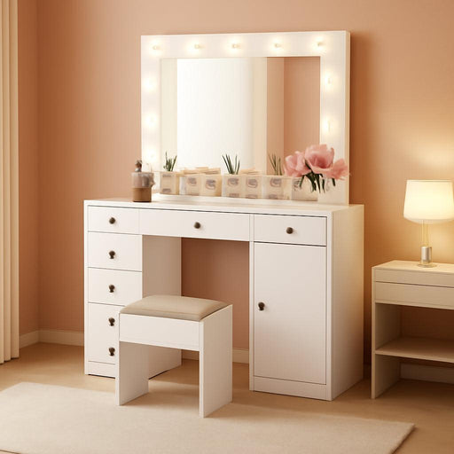 White Vanity Desk with Mirror and Light, Makeup Vanity Table with Charging Station, 7 Storage Drawers, 1 Cabinet, 3 Color Lighting Modes, Modern Wooden Dressing Table for Bedroom