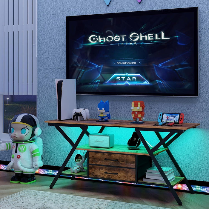 TV Stand with Power Outlet and LED Lights, Fits Tvs up to 65”, 2 Fabric Drawers Entertainment Center with Open Storage Shelves, Media Console for Living Room, Bedroom (Rustic Brown)