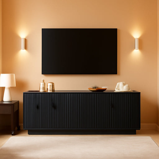 Farmhouse TV Stand for Television up to 75 Inches, 4 Fluted Doors Rustic Entertainment Center with Storage & Adjustable Shelves, Mid Century Modern Wood TV Consoles for Living Room Bedroom, Black