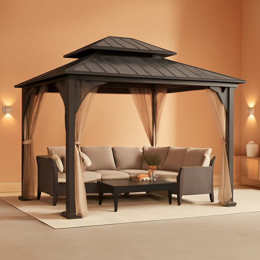 13'X15' Permanent Hardtop Gazebo – Outdoor Patio Gazebo with 4.6" Extra-Thick Woodgrain Frame, 2-Tier Galvanized Steel Double Roof & Mesh Netting, for Backyard, Lawn, Garden, Deck, Black