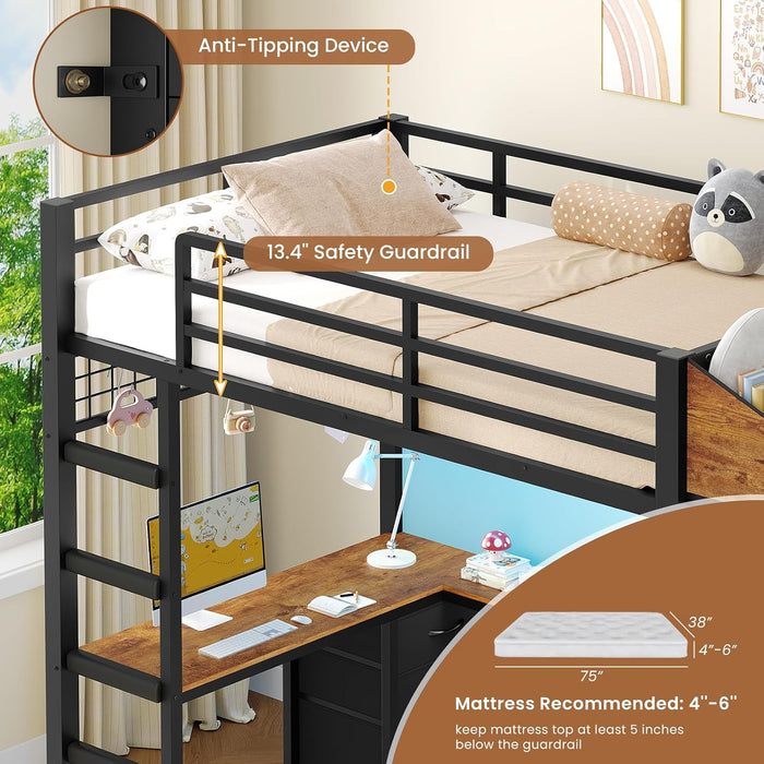 Black Industrial Twin Bunk Bed Desk BuiltInStorageDrawers