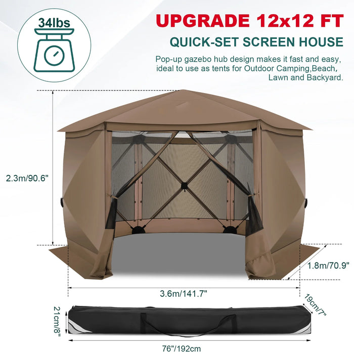 Pop up Gazebo Screen Tent Screen House for Camping,12X12 Starry Sky Gazebo with Removable Roof, Outdoor Screened Gazebo with Sidewalls, Portable Hub Tent with Carry Bag and Ground Stakes,Brown