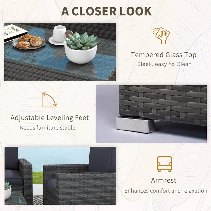 4 Piece Wicker Patio Furniture Set with Cushions, Outdoor Sectional Furniture with 2 Sofa, Loveseat, and Glass Top Coffee Table, Conversation Sofa Sets for Garden, Gray