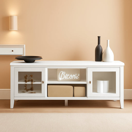 TV Stand - 55-Inch Storage Cabinet with 2 Cubbies and 2 Shelves - Entertainment Center for Living Room, Bedroom, or Entryway (White)