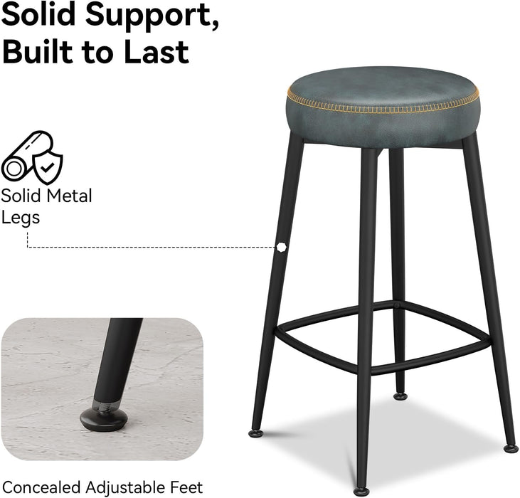 Counter Height Bar Stools Set of 2,26.3" H Backless Barstools, Mid Century Modern Bar Stools for Kitchen Island,Faux Leather,Metal Base, Grayish Blue