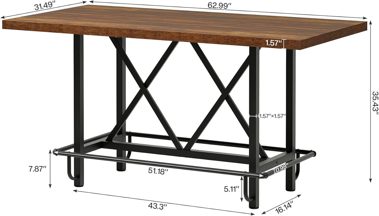Dining Table for 6 People, Industrial Rectangular Kitchen Table with Metal Footrest, 35.43" Counter Height Dinner Table for Dining Room (Rustic Brown)