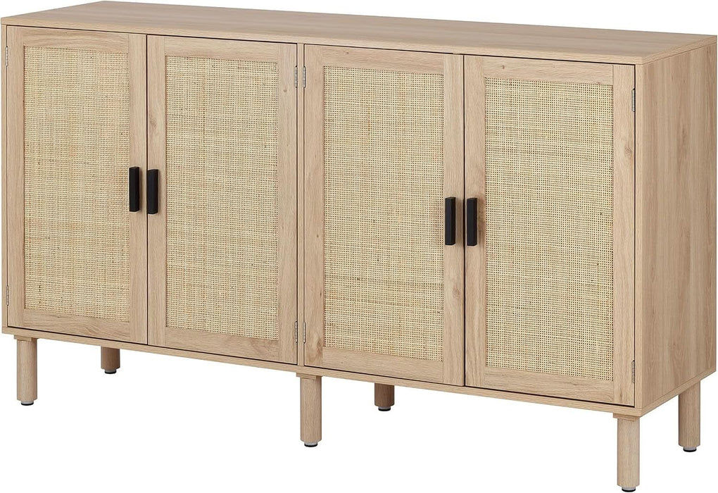 4 Door Sideboard Buffet Cabinet, Kitchen Storage Cabinet with Rattan Decorated Doors, Cupboard Console Table, Boho Accent Liquor Cabinet for Home Bar, 62.3X 15.7X 34.6 Inches, Natural