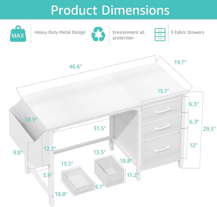White Computer Desk with Fabric File Drawers Cabinet, 47 Inch Home Office Desks with Filing Cabinet for Small Space, Modern Writing Table PC Desks, White