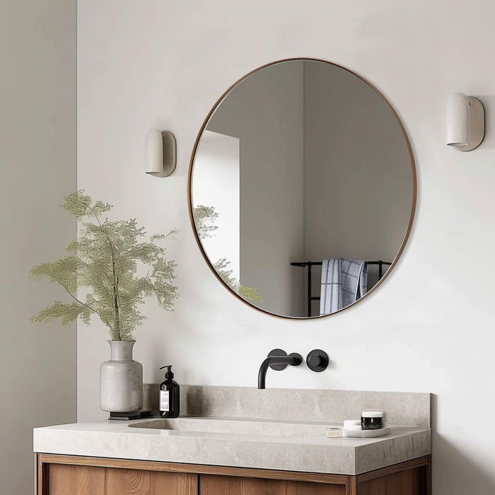 Gold round Mirror, 36’’ Brushed Gold Circle Bathroom Mirrors in Stainless Steel Metal Frame 1" Deep Set Design
