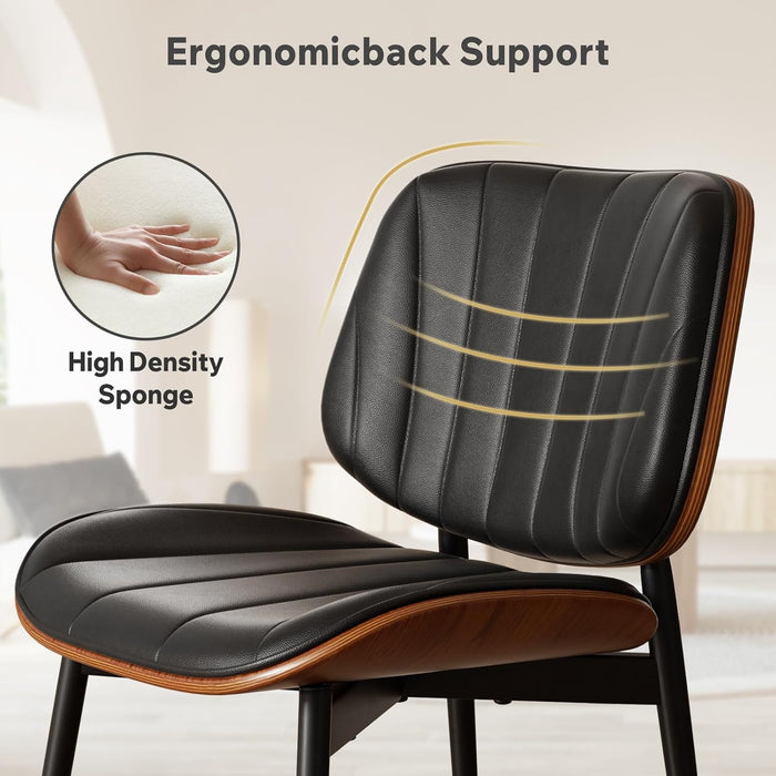 Dining Chairs Set of 2, Mid Century Modern Dining Room Chair, Upholstered Faux Leather Kitchen Chairs with Walnut Bentwood Back and Metal Legs for Kitchen Dining Room Living Room, Black