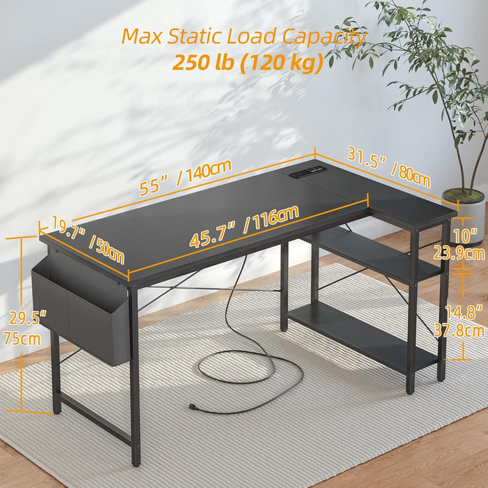 L Shaped Computer Desk with Power Outlets, 55 Inch Small Corner Desk with Reversible Shelves, Gaming Desk Computer Table Study Writing Table for Home Office Bedroom Small Space, Black
