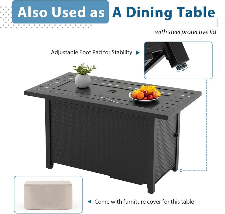 8 Pieces Rattan Patio Furniture Set with 45” Fire Pit Table, Outdoor Conversation Set with 50000 BTU Gas Fire Pit, Wicker Sectional Sofa with Storage Box and Cushions, Beige (Without Table)