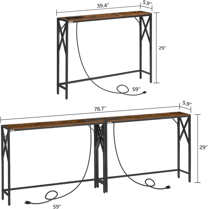 78.7'' Narrow Sofa Table with Charging Station, 2 Pack Skinny Console Table, Slim Entryway Hallway Couch Table, for Entrance, Foyer, Living Room, Hallway, Rustic Brown CTHR151E01S2