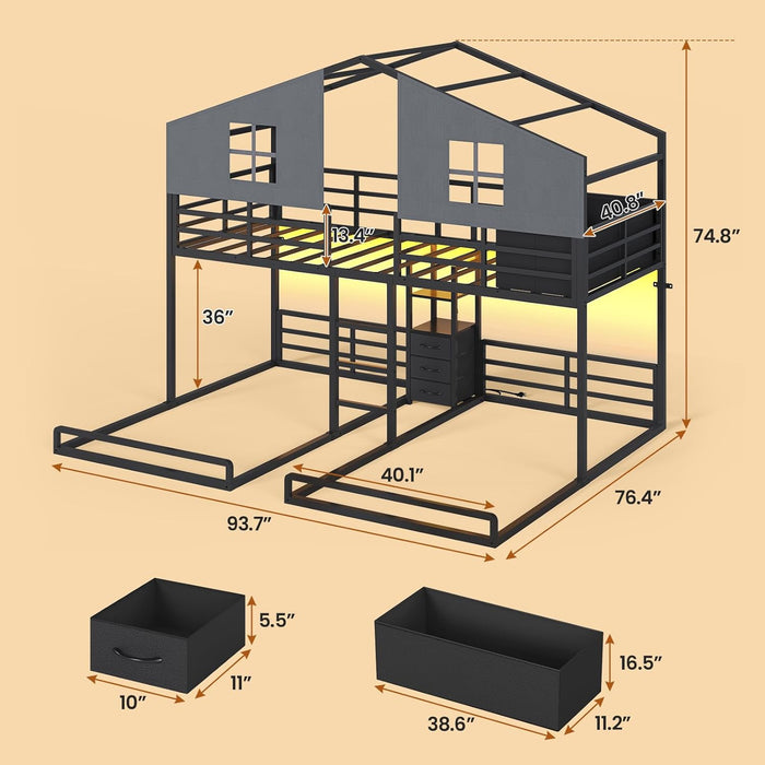 Black CommercialGrade Triple Bunk Bed HouseShaped LED