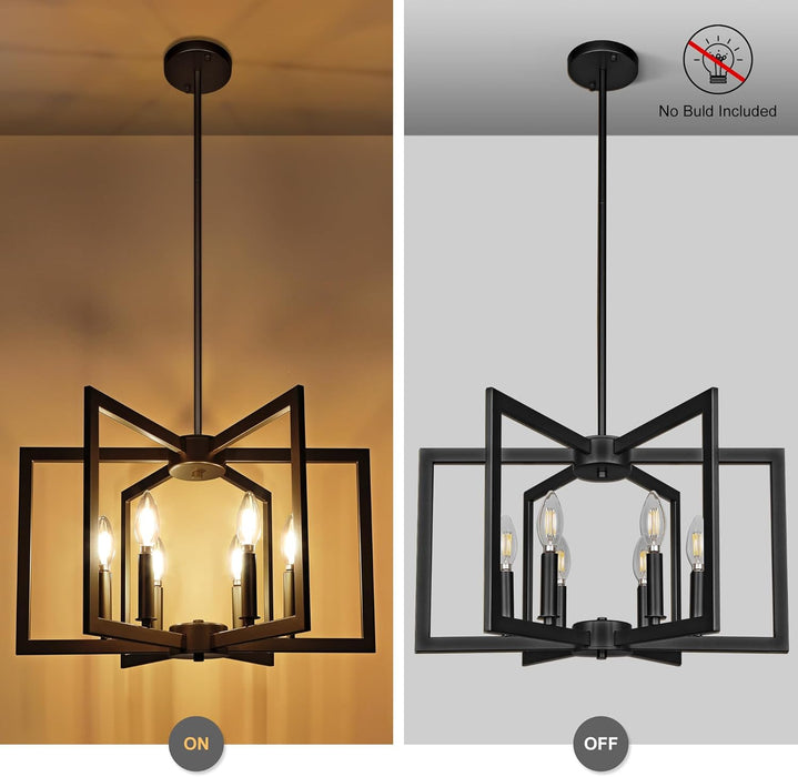 6-Light Modern Farmhouse Black Chandeliers for Entryway, Geometric Pendant Lights Kitchen Island, Hanging Industrial Metal Chandelier for Stairway Foyer Hallway Dining Room