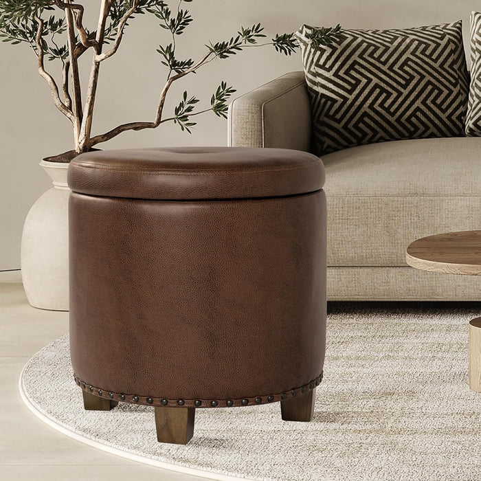 Home Decor | Upholstered round Storage Ottoman with Nailheads| Ottoman with Storage for Living Room & Bedroom, Brown Faux Leather