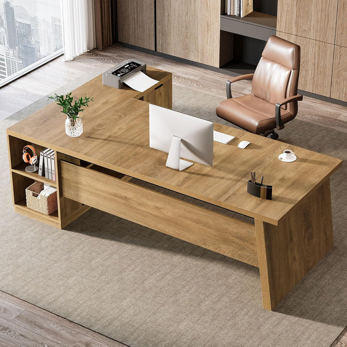 Executive Corner Desk 78Inch Drawers Brown Shelves